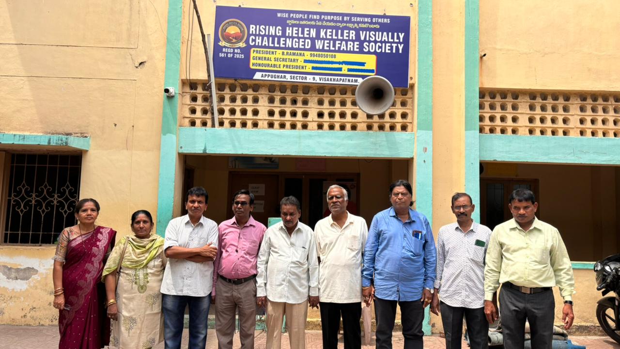 Members of Rising Helen Keller Visually Challenged Welfare Society outside their Visakhapatnam office
